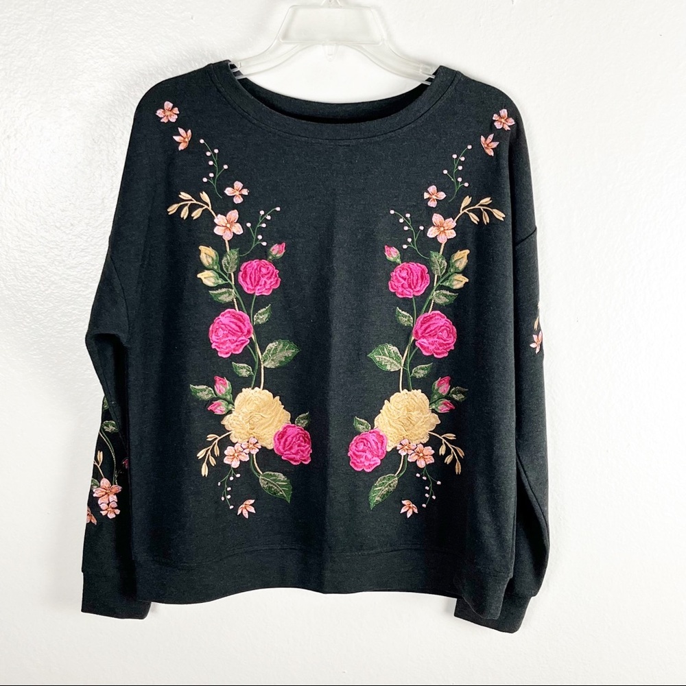 KUT FROM THE KLOTH Charcoal Gray Rose Embroidered Long Sleeves Top Small Boho
